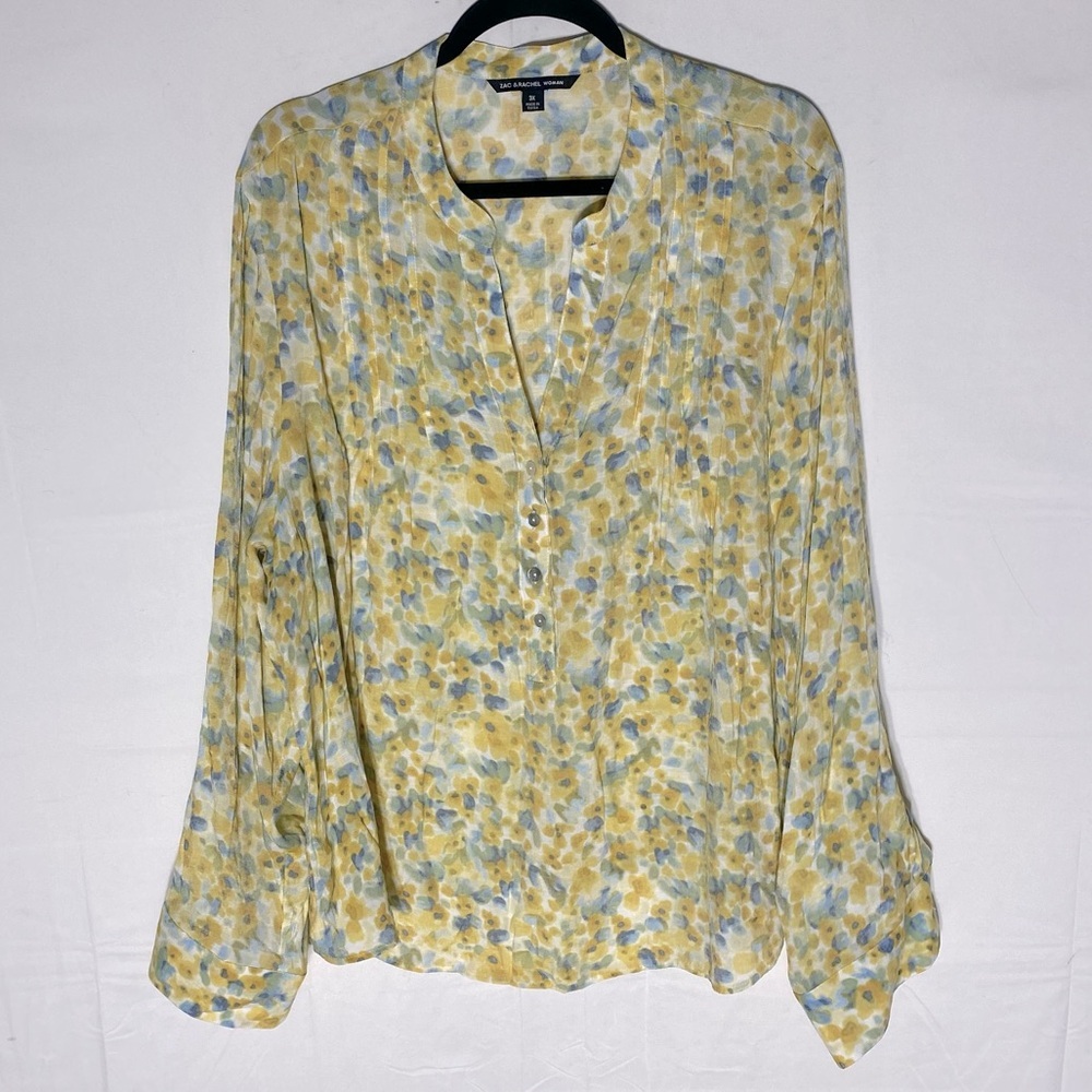Zac & Rachel Woman Yellow Blue Floral Long Sleeve Blouse 3X